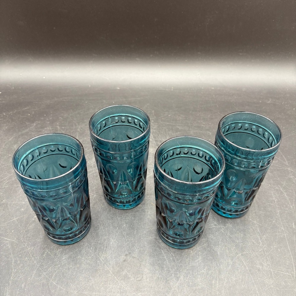 Vtg Indiana Park Lane Teal Blue Glassware 8pc Diamond Starburst Goblets Tumblers - Picture 7 of 13